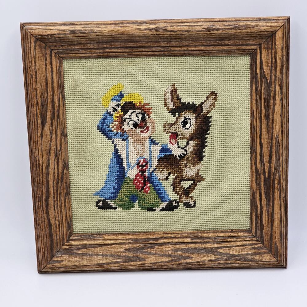 VTG Clown and Donkey Folk Art Finished Needlepoint Tapestry Framed